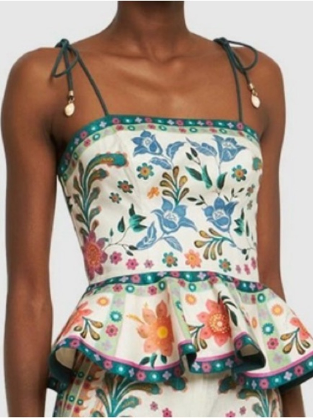 Zimmerman Floral Peplum Tie-Strap Top in White with Multicolor Blooms